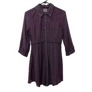 FREE PEOPLE Purple Eggplant Button Up Tunic Top Lace Babydoll Boho-Chic Size 6